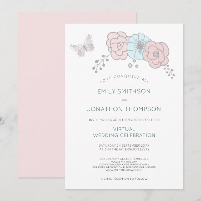 Minimal Floral Butterfly Blue Pink Virtual Wedding Invitation (Front/Back)