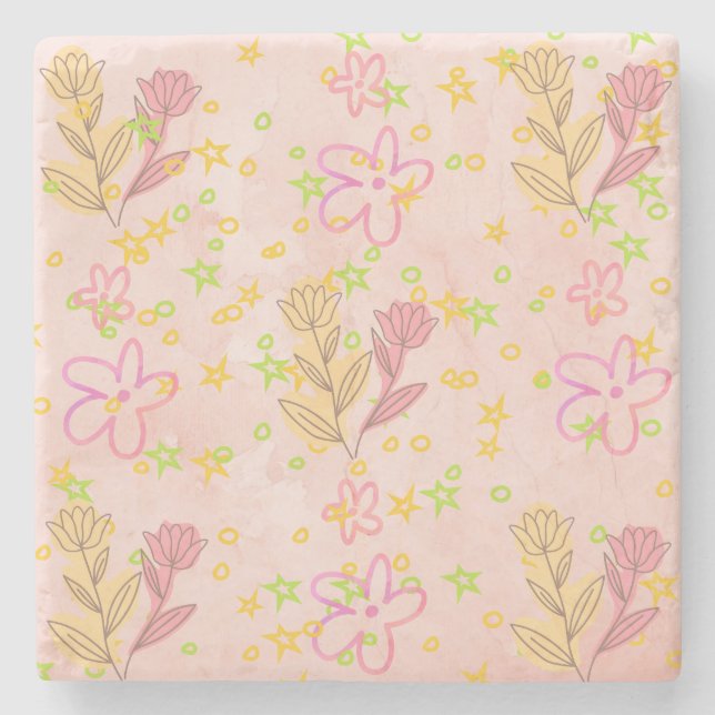 Minimal floral doodle pattern -pastel colour art  stone coaster (Front)