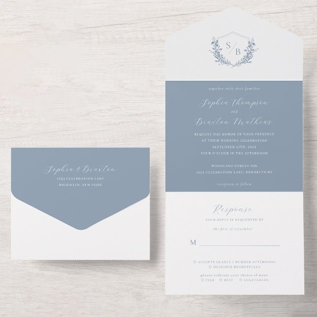 Minimal Floral Dusty Blue Crest Monogram Wedding All In One Invitation (Creator Uploaded)