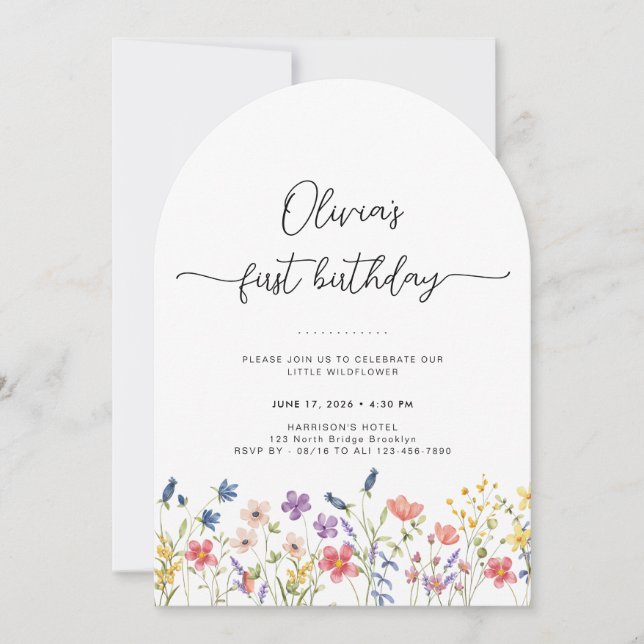 Minimal Floral First Birthday Arch Invitation (Front)