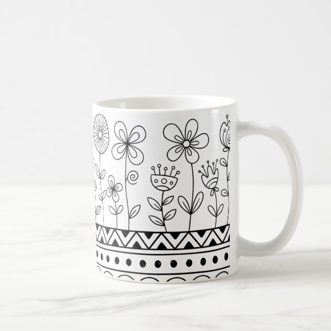Minimal Floral Folk Pattern Mug – Boho Line Art (Right)