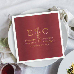 Minimal Floral Monogrammed Metal Red Gold Wedding Napkin