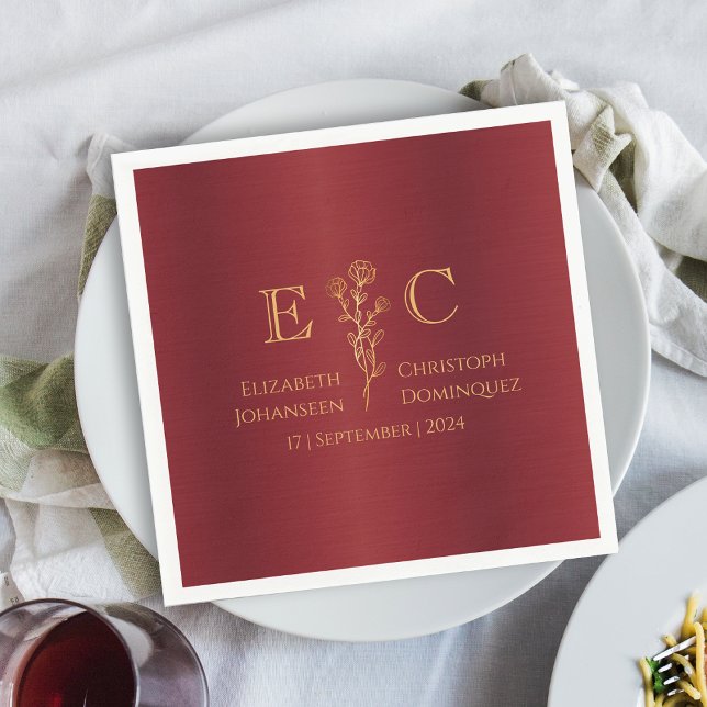 Minimal Floral Monogrammed Metal Red Gold Wedding Napkin (Creator Uploaded)
