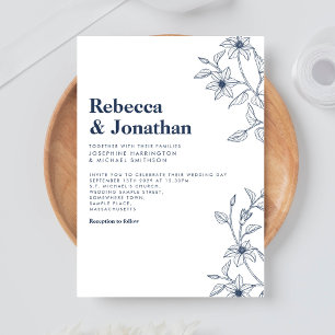 Minimal Floral Navy Blue Wedding Invitation