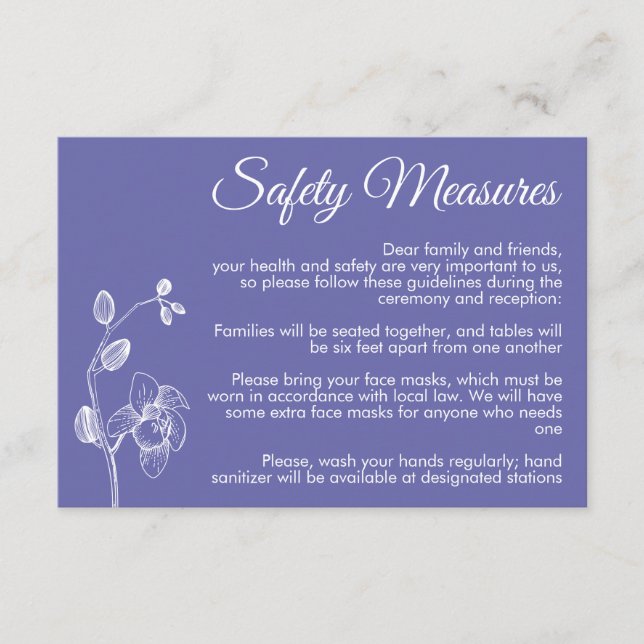 Minimal floral orchids periwinkle safety measures enclosure card (Front)