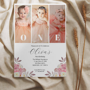 Minimal Floral Photo First Birthday Invitation