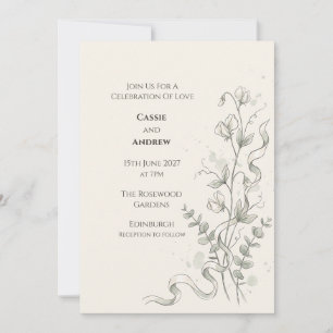Minimal Floral Ribbon Wedding Invitation