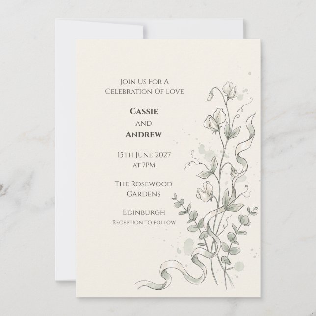 Minimal Floral Ribbon Wedding Invitation (Front)
