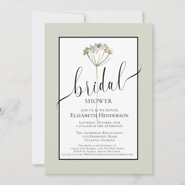 Minimal Floral Sage Green Script Bridal Shower Invitation (Front)