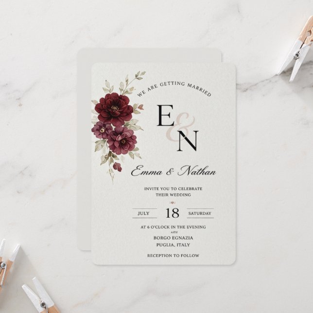 Minimal Floral Wedding Invitation Template (Front/Back In Situ)