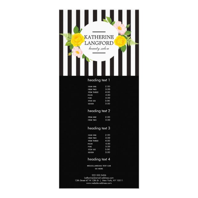 Minimal Floral Wreath Beauty Salon Black Stiriped Rack Card (Front)