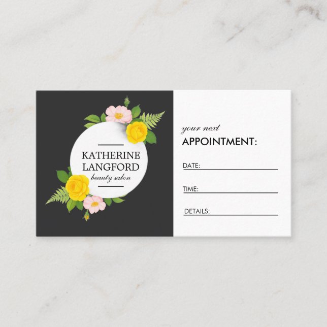 Minimal Floral Wreath Black White Salon Appointment Card (Front)