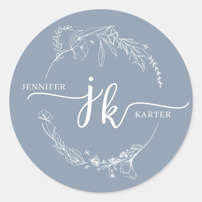 Minimal Floral Wreath Dusty Blue Monogram Wedding Classic Round Sticker (Front)