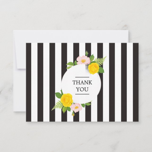 Minimal Floral Wreath Salon Black & White Striped Thank You Card (Front)
