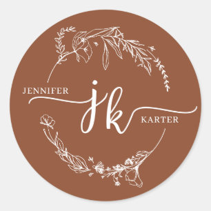Minimal Floral Wreath Terracotta Monogram Wedding Classic Round Sticker