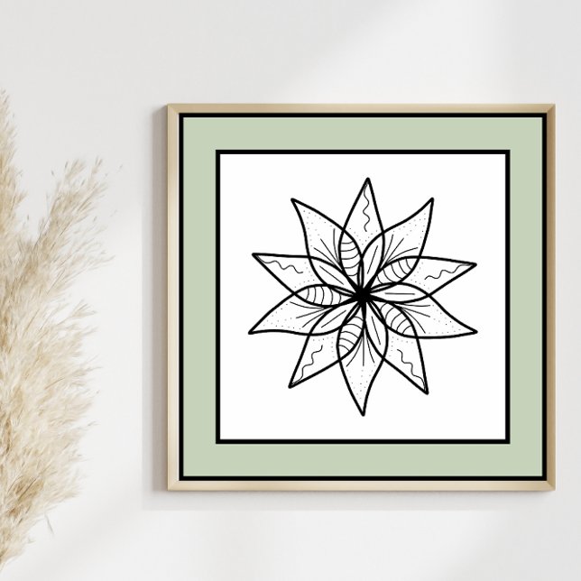Minimal Flower Black Line Art Mandala Green Border Poster (Creator Uploaded)