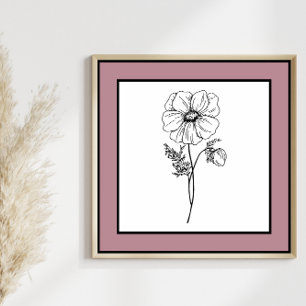 Minimal Flower Black Line Art Mauve Plum Border Poster