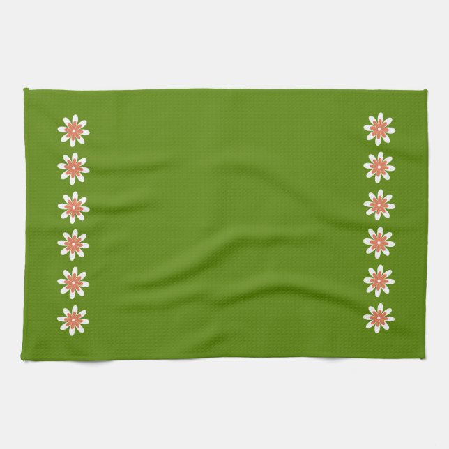 Minimal Flower Border Retro Avocado Green Tea Towel (Horizontal)