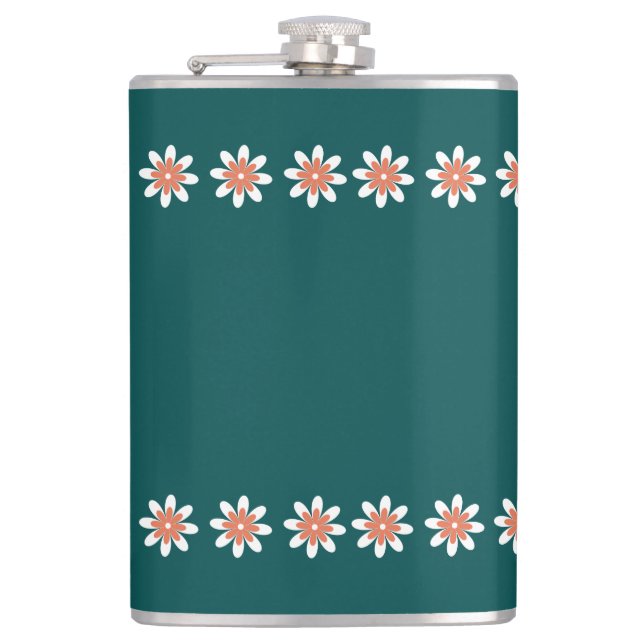 Minimal Flower Border Retro Deep Teal Hip Flask (Front)