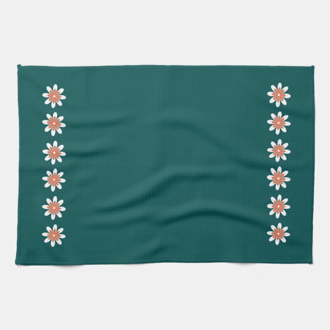 Minimal Flower Border Retro Deep Teal Tea Towel (Horizontal)