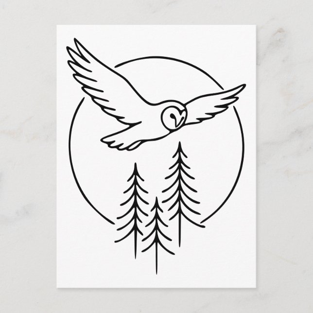 Minimal Flying Owl Over Pines – Forest Line Art Il Postcard (Front)