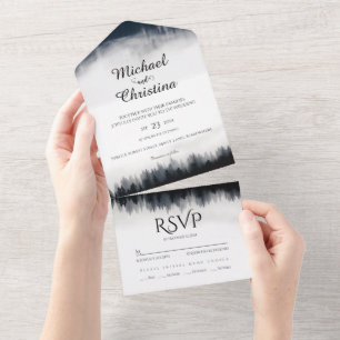 Minimal foggy spruce forest nature wedding all in one invitation