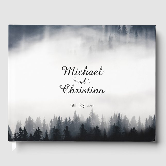 Minimal foggy spruce forest nature wedding guest book (Front)