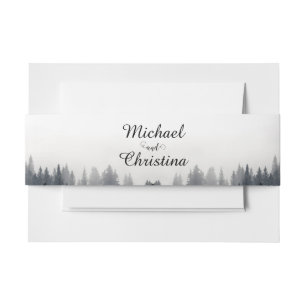 Minimal foggy spruce forest nature wedding invitation belly band