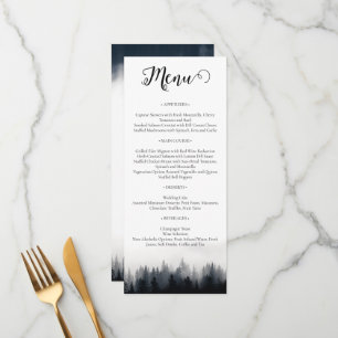 Minimal foggy spruce forest nature wedding menu