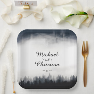 Minimal foggy spruce forest nature wedding paper plate