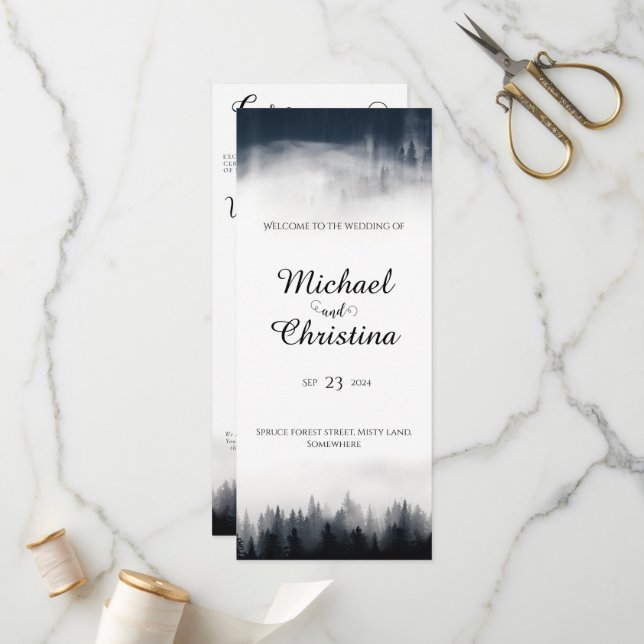 Minimal foggy spruce forest nature wedding programme (Front/Back In Situ)