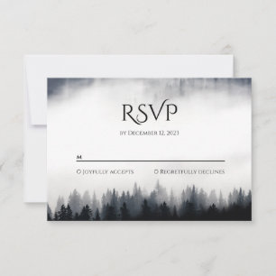 Minimal foggy spruce forest nature wedding RSVP card