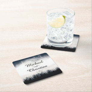 Minimal foggy spruce forest nature wedding square paper coaster