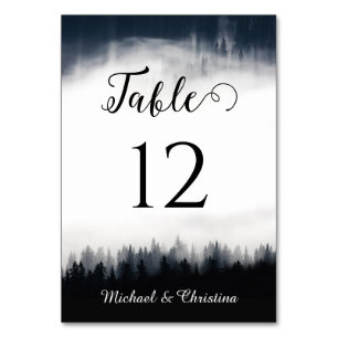 Minimal foggy spruce forest nature wedding table number