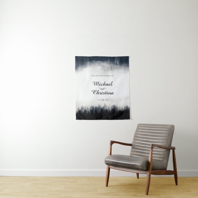 Minimal foggy spruce forest nature wedding tapestry (In Situ)