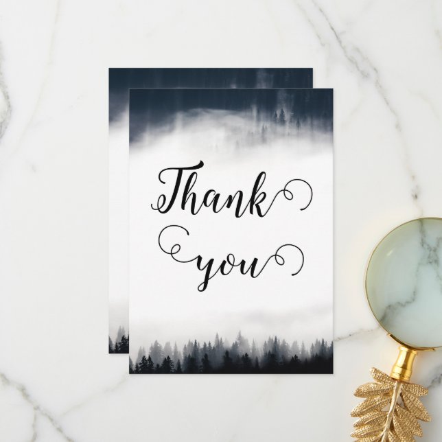 Minimal foggy spruce forest nature wedding thank you card (Front/Back In Situ)