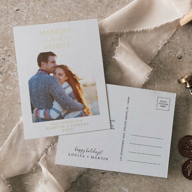 Minimal Foil Married and Bright Thank You Newlywed Foil Holiday Postcard (Creator Uploaded)