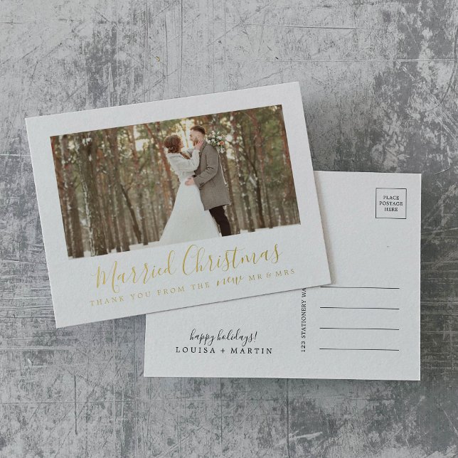 Minimal Foil Married Christmas Newlywed Thank You Foil Holiday Postcard (Creator Uploaded)