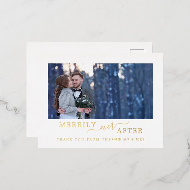 Minimal Foil Merrily Ever After Newlywed Thank You Foil Holiday Postcard (Front/Back)