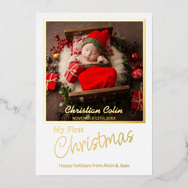 Minimal Foil My First Christmas Baby Birth Photo Foil Holiday Card (Front)