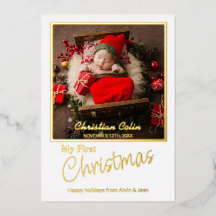Minimal Foil My First Christmas Baby Birth Photo Holiday Card