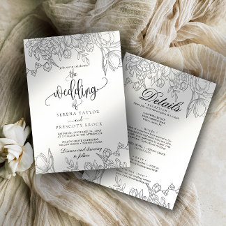 Minimal Foliage Calligraphy All in One Wedding  Invitation
