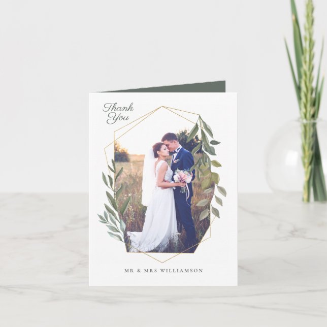 Minimal Foliage & Gold Geometric Terrarium Photo Thank You Card (Front)