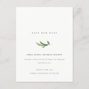 MINIMAL FOLIAGE GREENERY WATERCOLOR SAVE THE DATE ANNOUNCEMENT POSTCARD