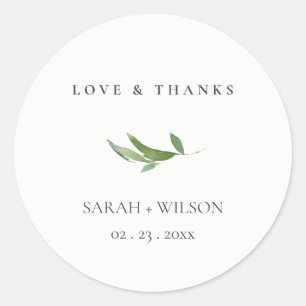 Minimal Foliage Greenery Wedding Love & Thanks Classic Round Sticker