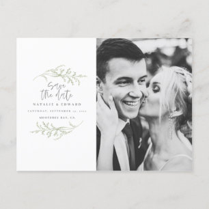 Minimal foliage + script text save the date announcement postcard