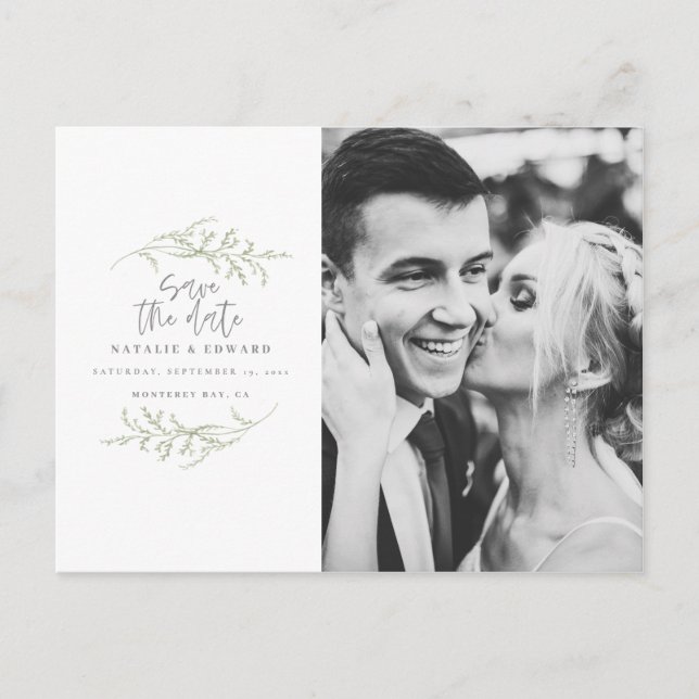 Minimal foliage + script text save the date announcement postcard (Front)