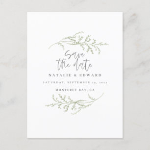 Minimal foliage + script text save the date announcement postcard