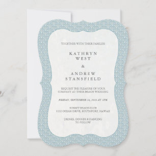 Minimal Formal Blue + White Wave Pattern Wedding Invitation