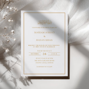 Minimal Formal Script Gold Frame Muslim Wedding Invitation